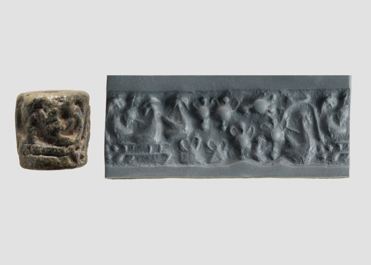 Cylinder Seal: Seated Figure with "Pigtailed Ladies" and Pots